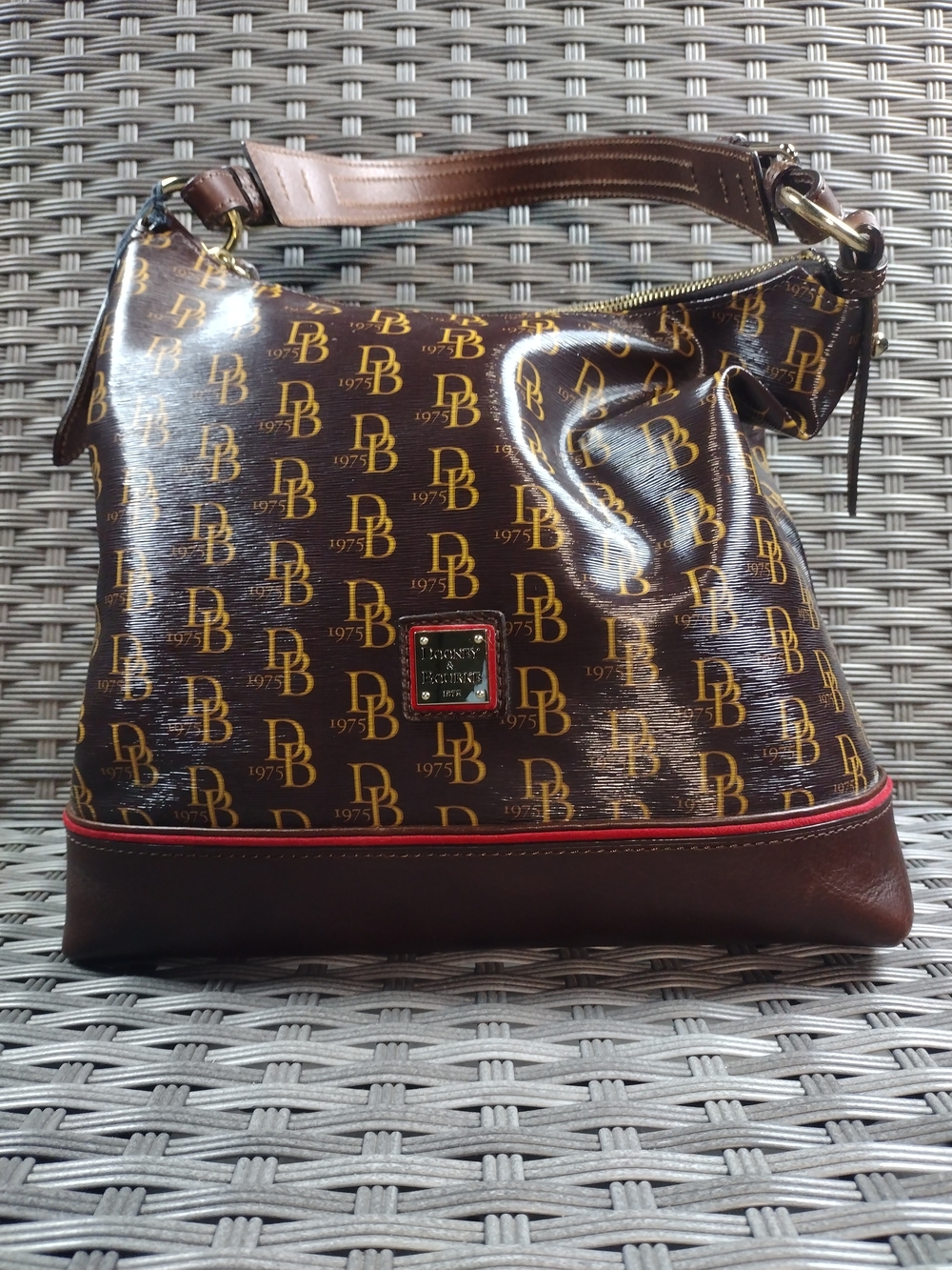 Dooney & Bourke Brown Monogram Shoulder Bag with Red Trim